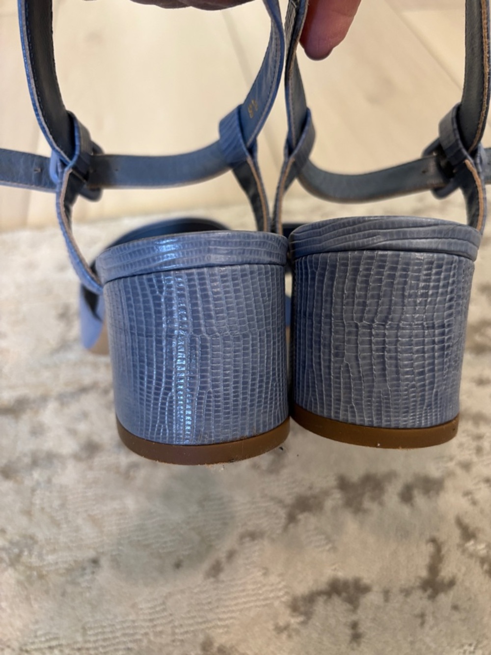 Everlane Slate Blue Lizard-Embossed Block Heel Sandals with Ankle Strap - Picture 7 of 9